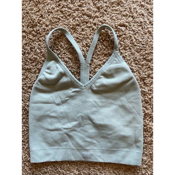 Set Active Green Ribbed Racerback Gym Sports Bra Workout Crop Top Shirt Women XS - Picture 1 of 4
